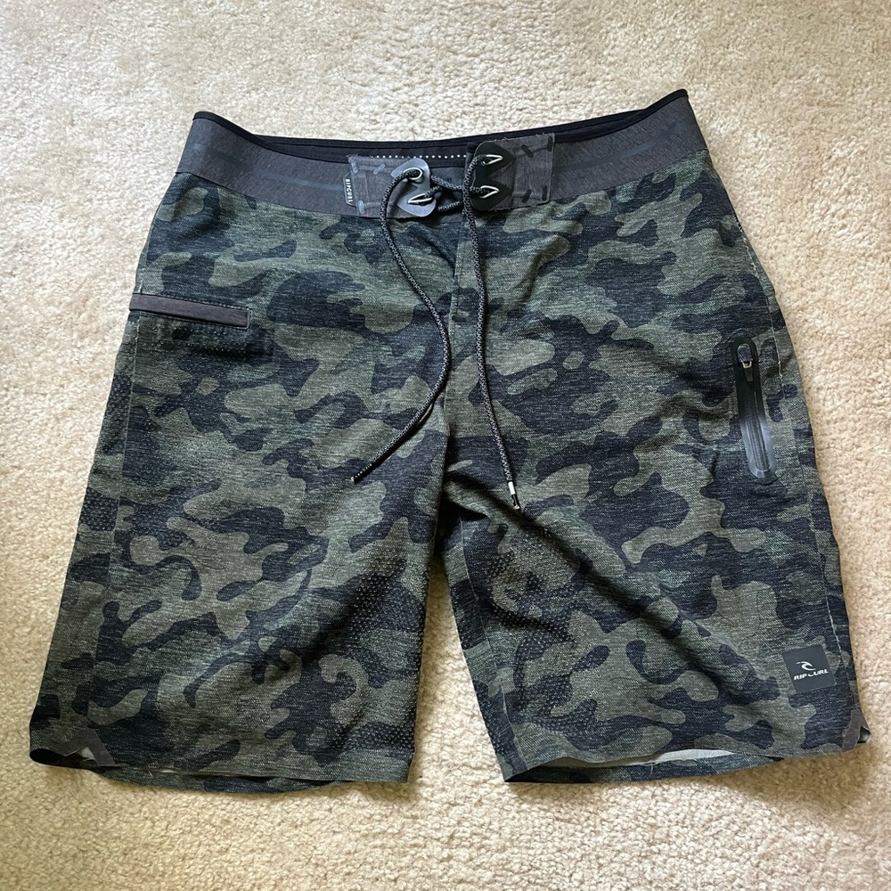 Rip Curl Green and Black Camouflage Surf Shorts